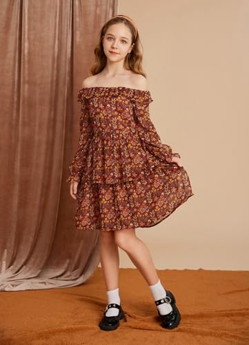 GRACE KARIN Girls Fall Dress Floral Long Sleeve Ruffle Square Neck Elastic Waist Tiered Layer Casual Dresses Size 5-12Y3