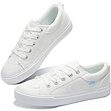 Obtaom Women White Canvas Fashion Sneakers Cute Lace up Canvas Shoes Low Top Washed Canvas Flat for Lady(Natural White,US5)
