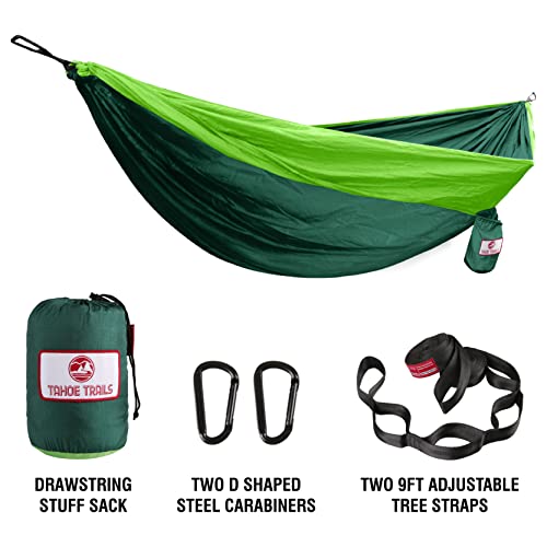 Tahoe Trails Double Camping Hammock For 2 People With Tree Straps, Lightweight Portable Nylon Parachute Hammock For Hiking, Traveling, Backpacking And Backyard, Forest Green & Light Green #TOP2
