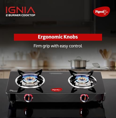 Image of Pigeon Ignia 2 Burner Gas Stove | Brass Burner | Easy Cleaning | Toughened Glass | 2 year Warranty