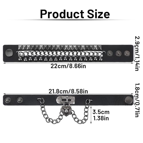 Grevosea Rivet Bracelet, Multilayer Heart Pendant Leather Punk Bracelet, Adjustable Black Cuff with Rivet Studs Chain Wristband for Rock Sports2