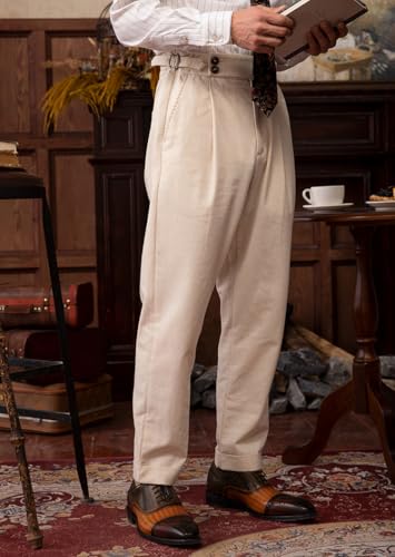 Men's Linen Slim Fit Dress Pants Gurkha Pleated Work Pants Button Zipper Fly Suit Pants Summer3