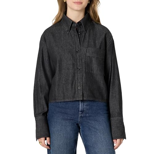 Amazon Essentials Women's Modern Oversized-Fit Cropped Denim Button-Down Shirt, Black, Medium