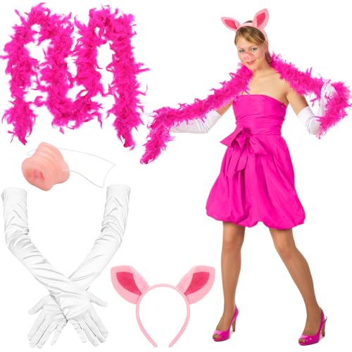Shyyween 4 Pcs Pig Costume Accessories Set Pig Ears Headband Nose Pink Feather Boa Decoration and White Long Satin Gloves for Women Halloween Cosplay Party