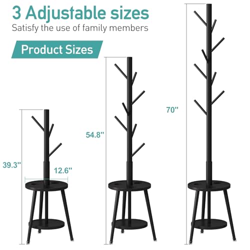 Coat Rack, Bamboo Wood Coat Freestanding with Umbrella Holder, Adjustable Height Coat Stand with 8 Hooks, kids coat rack, Used In The Bedroom Living Room, Office To Hang Clothes, Hats, Bags (Black) - Thumbnail 4