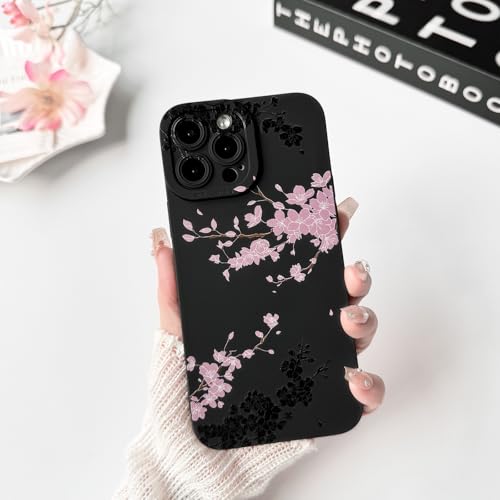 NITITOP Compatible with iPhone 15 Pro Max Case Cute Aesthetic Cherry Blossom Pattern Design for Women Girls Soft TPU Shockproof Full Camera Protective Phone Cover - Black Pink by NITITOP - Image 4