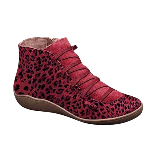 aterproof - Botas de piel para mujer, redondas, informales, con cremallera de leopardo, estampado lateral, a la moda, botas planas para mujer, Red, 39.5 EU