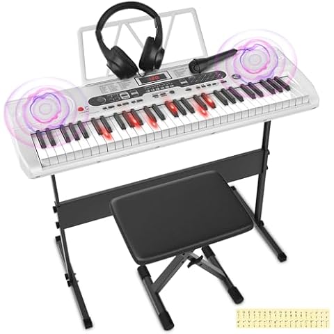 Fujampe 61 Keys Keyboard Piano, Electric Digital Piano Set with Light-Up Keys, Mic, Headphones, Note Stickers, Bench, Sheet Music Stand, Electronic Piano Keyboard for Beginners (Temperament White) Cover