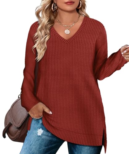 Image of RITERA Plus Size Women Sweaters Waffle Knit Pullover Top Long Sleeve Casual Crewneck Shirt Loose Split Hem Fall Winter Blouse