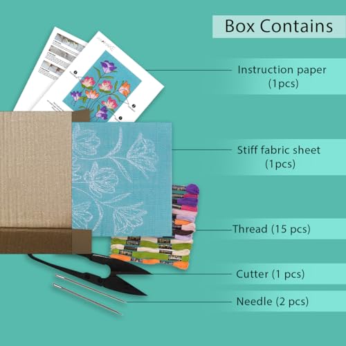 Image of picknMAKE Hoop-Free Needle Stitch Blooming Threads Diy Hand Embroidery Kit Set For Adults,Stiff Jute Fabric Art Craft Work,Printed Floral Design With Threads,Needles,Cutter & Instruction,Multicolor