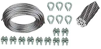 3mm - 7x7 Const Galvanized Wire Rope with Thimble and Clamps - Ideal for Pulleys, Winch Systems, Lifting and DIY Projects (25mtr Rope, 6 Thimbles, 10 Rope Clamps)