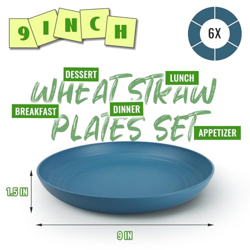 Image of Picnic Plates Reusable Set of 6, Unbreakable 9In Wheat Straw Plate | Dinner Plastic Plates for Home Kitchen Use, Dishwasher & Microwave Safe - Bule