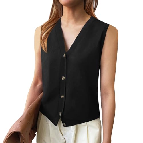 Image of Wowcarbazole Womens Sweater Vest Sleeveless Knit V Neck Summer Tops Trendy Casual Button Down Slim Fitted Ribbed Vest