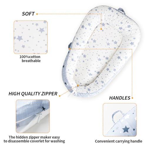 Image of Infant Baby Lounger Replaceable Cover co-Sleeping Newborn Baby Nest Backup Cover Breathable Machine Washable (Blue Star)