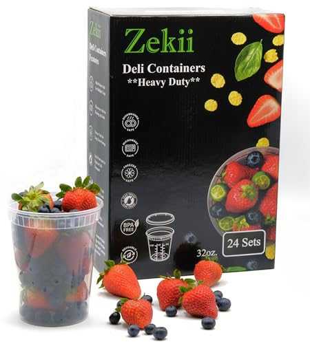 Image of Zekii EXTRA THICK Deli Containers with Lids, Soup Containers w /Lids Airtight, 24Sets 32oz, Disposable, BPA Free, Takeout soup Cups, Meal Prep, Food Storage w /Measurements