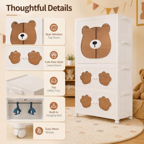 Image of KRISHYAM 3-Tier Kids Plastic Wardrobe, Hanging Rod & Wheels, Bear Paw Design Multipurpose Clothes & Toy Storage Cabinet, 123 x 69 x 32 cm