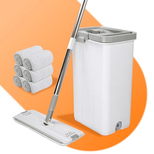 Mopa con Fregona Cubo Escurridor Mango Extra Largo Mopas de Limpieza Suelos Mopa para Limpiar Azulejos y Paredes Hogar Mop Trapeadora Autoescurrible Plana Microfibra Parquet Ventanas