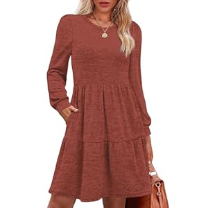 OFEEFAN Womens Long Sleeve Fall Dresses with Pockets Crew Neck Babydoll Casual Winter Dress 2025
