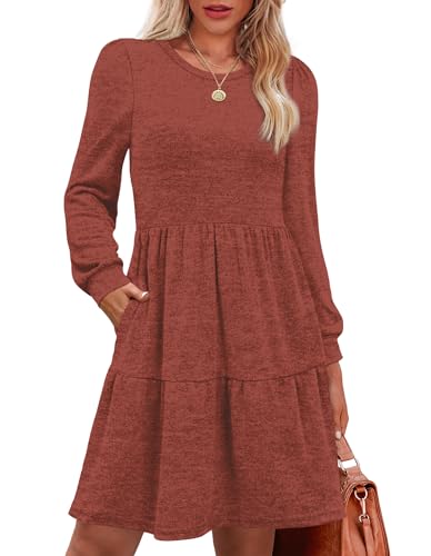 OFEEFAN Womens Long Sleeve Fall Dresses with Pockets Crew Neck Babydoll Casual Winter Dress 2025