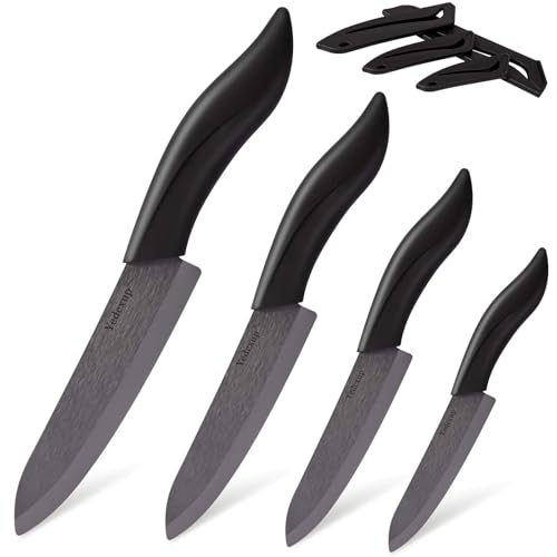 Ceramic Chefs Knife Set - Professional Sharp Knives With Cover Includes 3 Paring knife 4 Fruit Knife 5 Utility knife 6 Chefs Knife (Black)