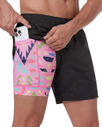maamgic 2 in 1 Laufhose Herren Kurz mit Handytasche Schnelltrocknend 5 Innenlänge Sporthose Kurz mit Innenhose Sporthose für Running Fitness Workout Athletic Schwarz Rosa L