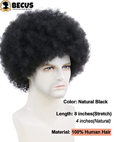 Becus Afro Wig Men For Black Men Human Hair Afro Black Hair Wig 70'S 80'S Disco Rocker Costume Wigs With Free Wig Cap Brazilian Virgin Human Hair(8 Inches Fluffy Tight Curls #1B) #TOP1