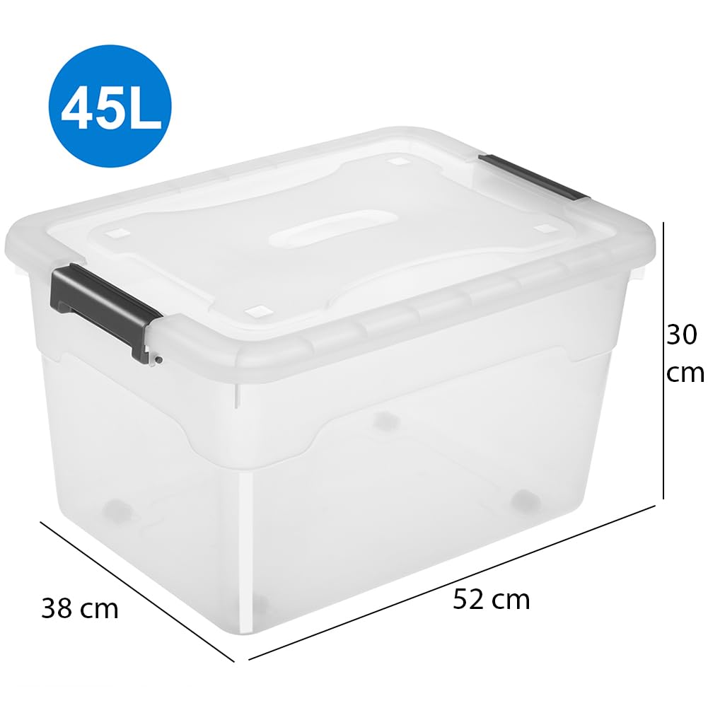 BAKAJI Juego de 4 contenedores con tapa para ropa de plástico con ruedas, portaobjetos apilables para almacenamiento de ropa, cajas para armario, juguetes, libros, ahorra espacio (4 x 45 l alto)