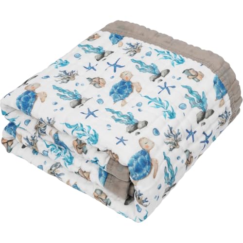 Image of Organic Cotton Muslin Baby Blanket for Boys & Girls - Luxurious Soft Toddler Quilt for Swaddling - Gender Neutral Blanket - Baby and Toddler Gift - Sea Turtle