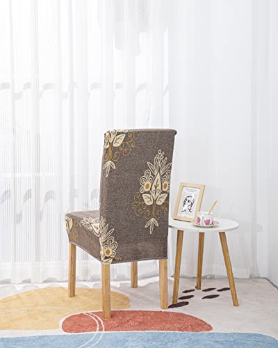 Image of House of Quirk Elastic Chair Cover Stretch Removable Washable Short Dining Chair Cover Protector Seat Slipcover (Pack 4, Beige Brocade), Polyester