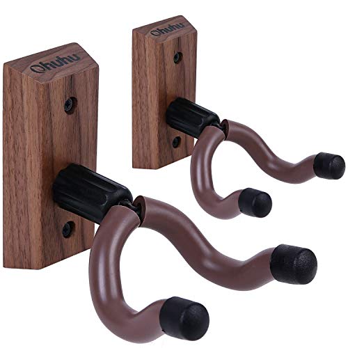 Guitar Wall Hanger 2-Pack, Ohuhu Guitar Wall Mount with Screws, Anti-slip V Shape, Rotatable Design, Black Walnut Guitar Hanger Wall Mount for Acoustic Electric Guitar Bass Mandolins and Ukuleles