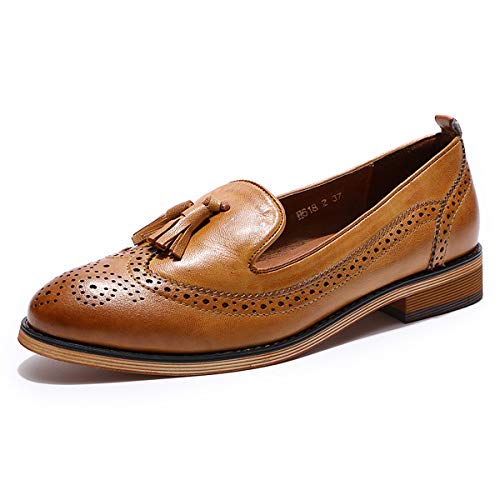 Image of Mona flying Women's Leather Tassel Loafers Slip on Brogue Flat Office Shoes