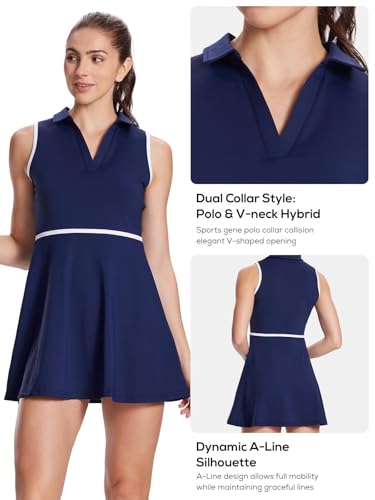 Women's Tennis Dress with Detachable Pocket Shorts, Convertible V-Neck & Polo Collar for Golf Gym3