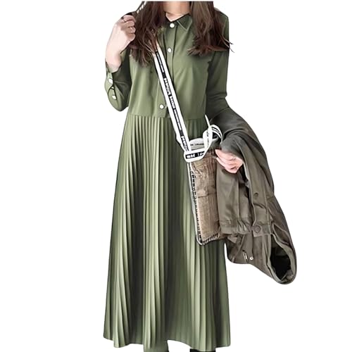 [Grcemlvfe] シャツワンピース レディース 短い袖 ロングワンピース プリーツ Aライン 襟付き 体型カバー 可愛い 夏 カジュアル ゆったり 大人 可愛い レイヤード用 切り替え 長袖 無地 体型カバー 着痩せ ゆったり カジュアル - Grcemlvfe - 商品画像