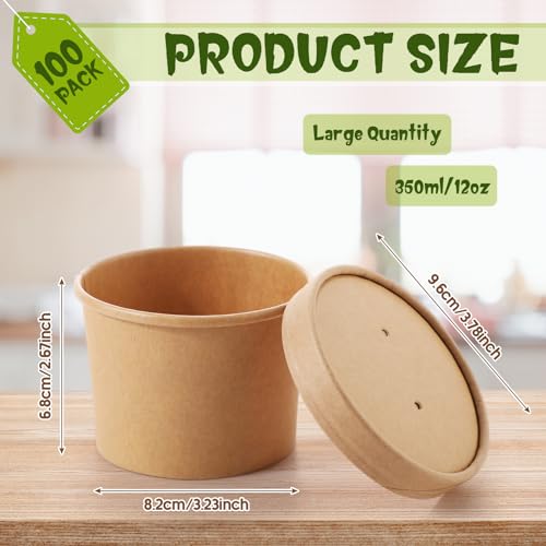 Image of Fulmoon 12 oz 100 Pack Paper Containers with Lids Soup Bowl Cup, Brown | Disposable Ice Cream Cup, Kraft Food Containers with Vented Lid Stackable for Hot Soup Dessert Cake Fruit Microwave Takeout