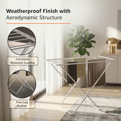 Image of amazon basics Mild Steel Cloth Drying Stand - Folding, 30 Feet Drying Length, 8 Drying Rails, Lightweight (Silver)