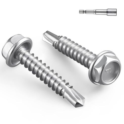 BNUOK #10 x 1 Inch Self Drilling Screws, 112pcs 1 lbs Self Tapping Screws for Metal, 410 Stainless Steel Hex Washer Head Sheet Metal Screw