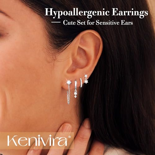 Kenivira Sterling Silver Plated Earrings Set for Women Trendy,Pearl Stud Huggie Dangle Chain Earring Stacks Hypoallergenic, Cute Small CZ Hoop Earring Sets for Multiple Piercing - image 2