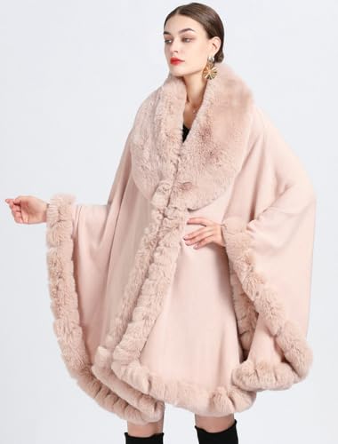 Image of Women Poncho Cape Faux Fur Collar Knitted Cardigan Sweater Batwing Long Sleeve Shawl Wrap Coat Oversized Cloak