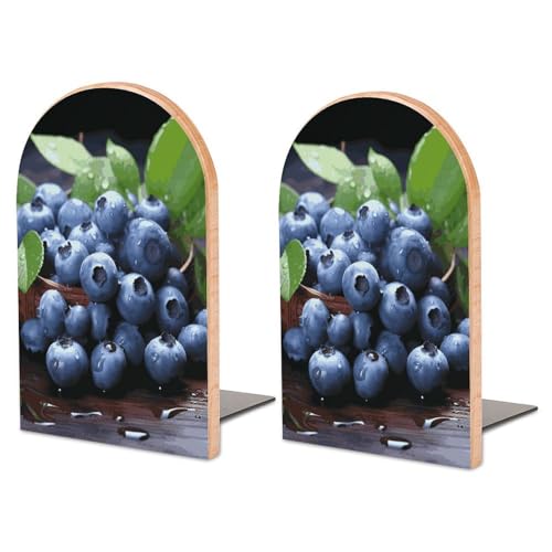 Serre-livres bois et métal grand format motif myrtilles pour rangement livre bureau et étagère - 2