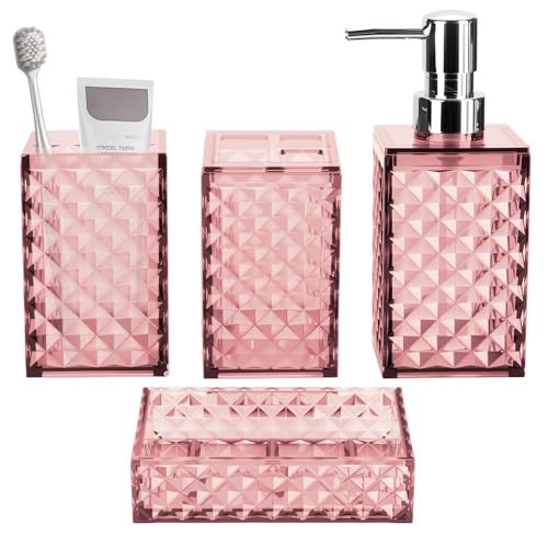 Bathroom Accessory Set, Grid Pattern 4 Pcs Plastic Bathroom Set Include Soap Dispenser, Soap Dish, Toothbrush Holder, Mousewash Cup, Modern Bahtroom Décor Set(Pink)