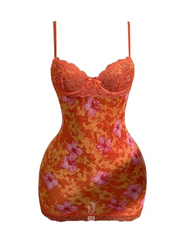 SOLY HUX Women's Summer Floral Lace Trim Mini Dress Spaghetti Strap Bodycon Party Cami Dresses