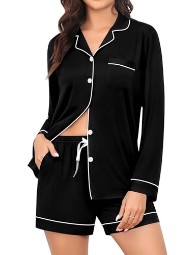 SWOMOG Womens Pajama Sets Long Sleeve and Shorts Pajamas Button Down Pjs 2 PCS Sleepwear Lounge Set with Pockets