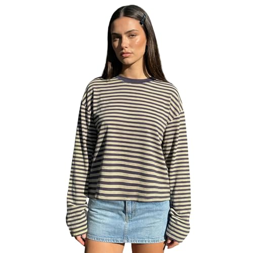 Image of Felcia Women's Classic Striped T Shirt Long Sleeve Crew Neck Loose Casual Tops Fall Streetwear (A-Beige, M)