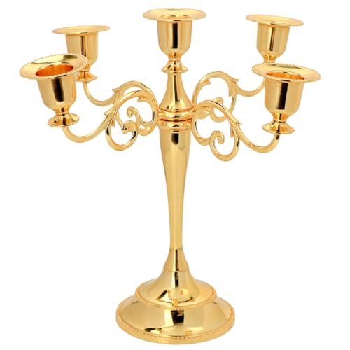 QWORK® Chandelier Bougeoirs à 5 Bras, 27 cm, Or Élégant, Alliage de Zinc, pour Décoration de Fête, Mariage, Table à Manger