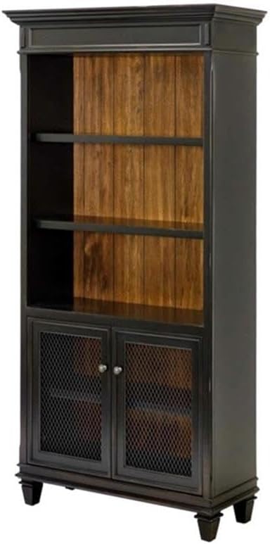 Hartford Traditional Wood Bookcase with 2 Self-Closing Doors, Storage Cabinet, Fixed Shelf, 3 Adjustable Shelves, in Black Finish
