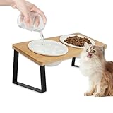 猫 ご飯皿 猫 えさ 皿 猫 餌入れ 猫食器 陶器製 頸椎を保護 15度の傾斜 組み立て簡単 竹製スタンド付き 洗いやすい 電子レンジ 食器洗浄機対応 犬猫兼用食器