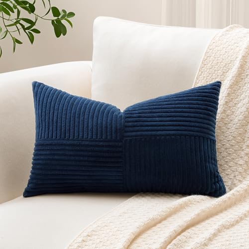 Sungeek Set of 1 Decorative Cushion Cover 40 x 60cm Soft Corduroy Striped Cross Patchwork Textured Pillow Covers Solid Lumbar Throw Pillow Cases for Sofa Bed Patio 16x24 Inch, Navy Blue