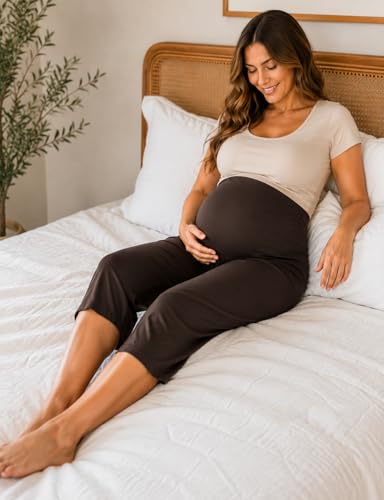 Joyaria Damen Capri Umstandshose Schwangerschaftshose Bambus Viskose Schwangerschafts Umstands Jogginghose Maternity Caprihose (Schokolade, L)