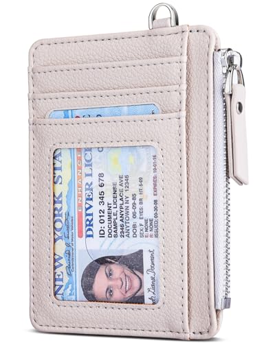 Image of Teskyer Slim RFID Wallet for Women, Small Card Holder with Zip Pocket, Beige, 3.5 inch x 4.7 inch, Minimalist | Zip Pocket for Cash Coin, 1 ID Window & 7 Card Slots, Ultra Slim Design, D-Ring for Neck Lanyard, for Daily Carry and Travel