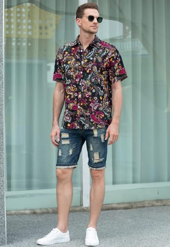 QZH.DUAO Mens 70s Disco Party Shirts Casual Paisley Button Down Shirt Vintage Floral Hawaiian Beach Short Sleeve Shirt3